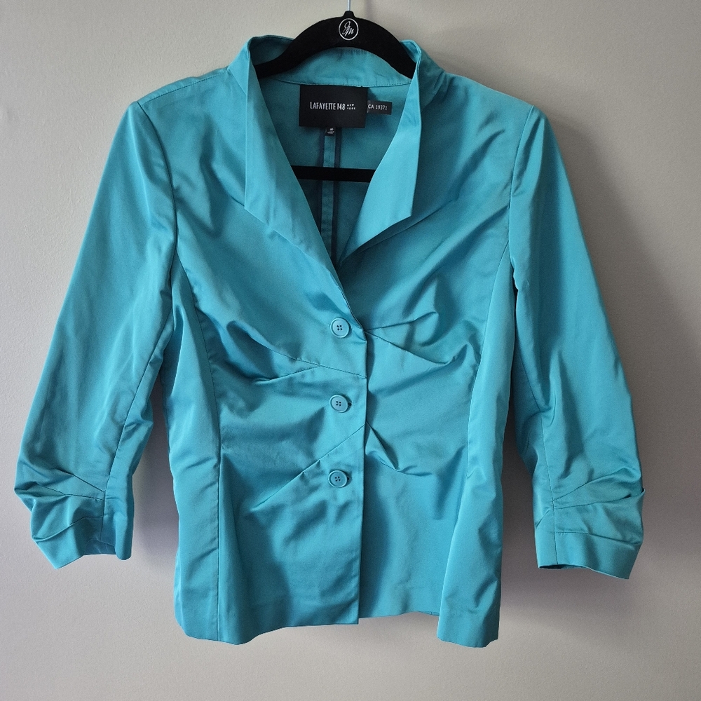 Lafayette 148 New York Green Blue Ruched Jacket  Blazer Size 10
